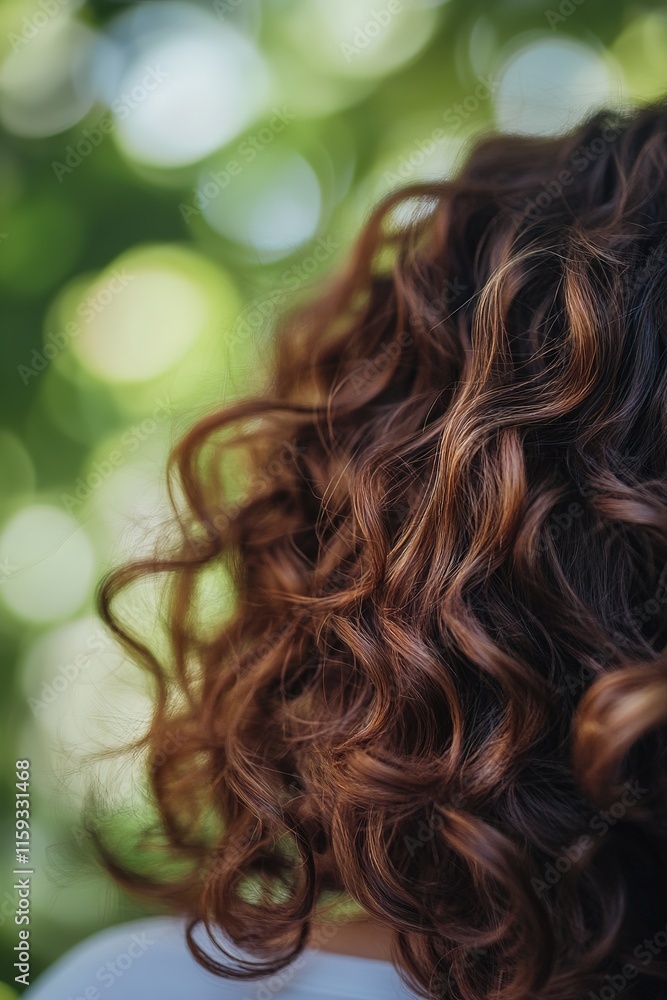 Poster close-up of voluminous curls styled with subtle highlights under diffused natural light and blurred 