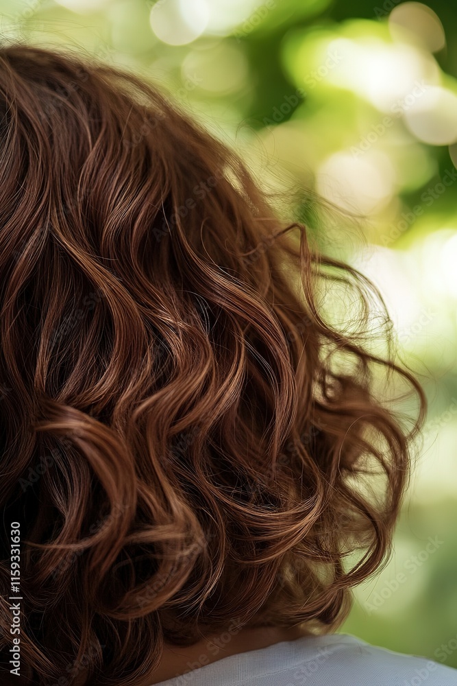 Poster close-up of voluminous curls styled with subtle highlights under diffused natural light and blurred 