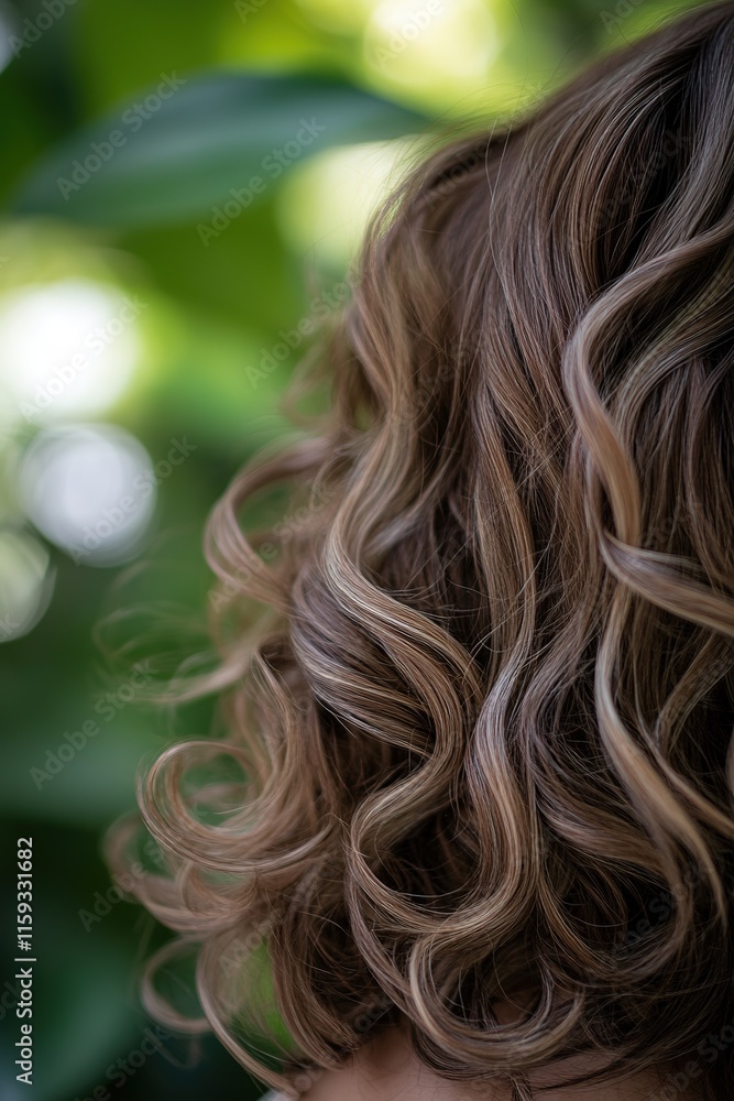 Poster close-up of voluminous curls styled with subtle highlights under diffused natural light and blurred 