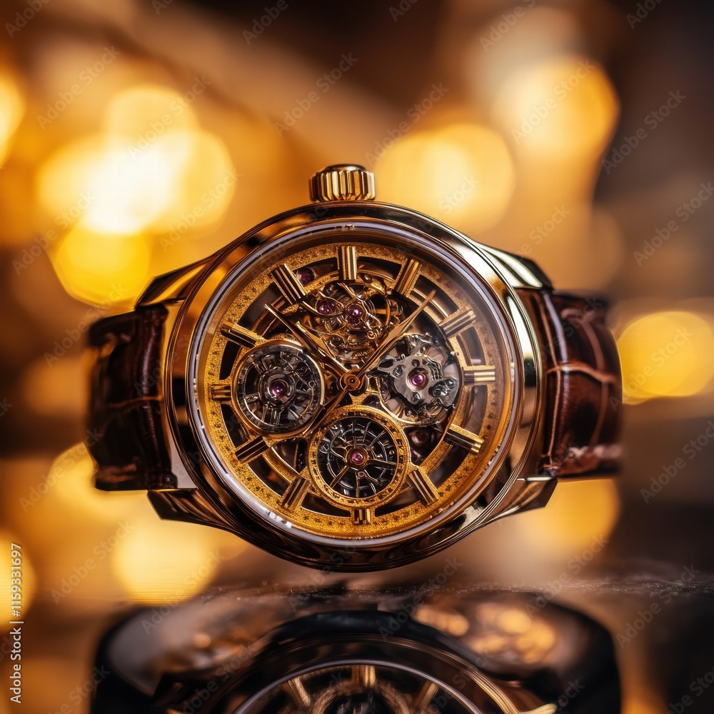 Poster luxurious golden wristwatch showcasing intricate design at a stylish event during the evening. gener