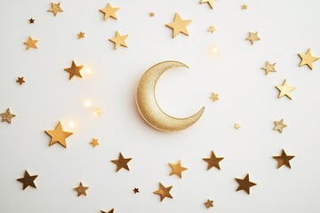 clean flat lay of scattered golden stars surrounding single crescent moon decoration on smooth white surface