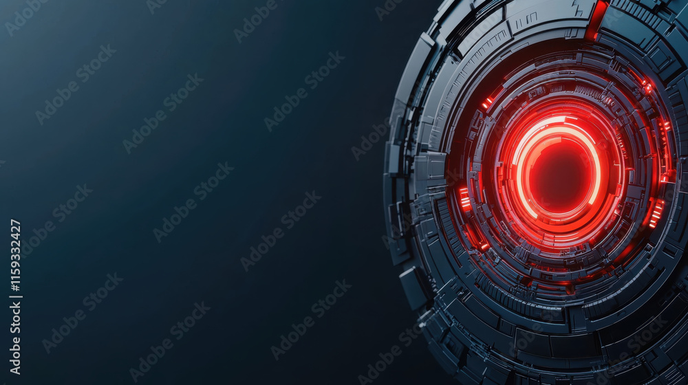 Poster futuristic circular interface with glowing red elements on dark background, showcasing advanced tech