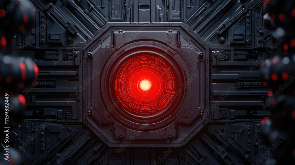Poster futuristic interface with glowing red security visualization, depicting high tech digital system. sc