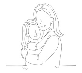 Happy Mom and Daughter Hugging Continuous Line Art Drawing. Mother and Daughter Embrace Minimalist Line Art Illustration. Mom and Daughter Bonding Continuous Line Sketch. 