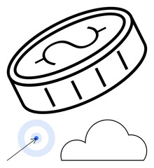 Coin with dollar sign, arrow hitting bullseye on target, cloud. Ideal for financial planning, business success, investments, savings, cloud computing data analytics strategic planning. Line