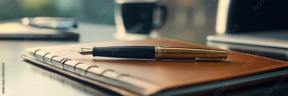 Poster luxury fountain pen with gold accents resting on a leather notebook in a stylish workspace during da