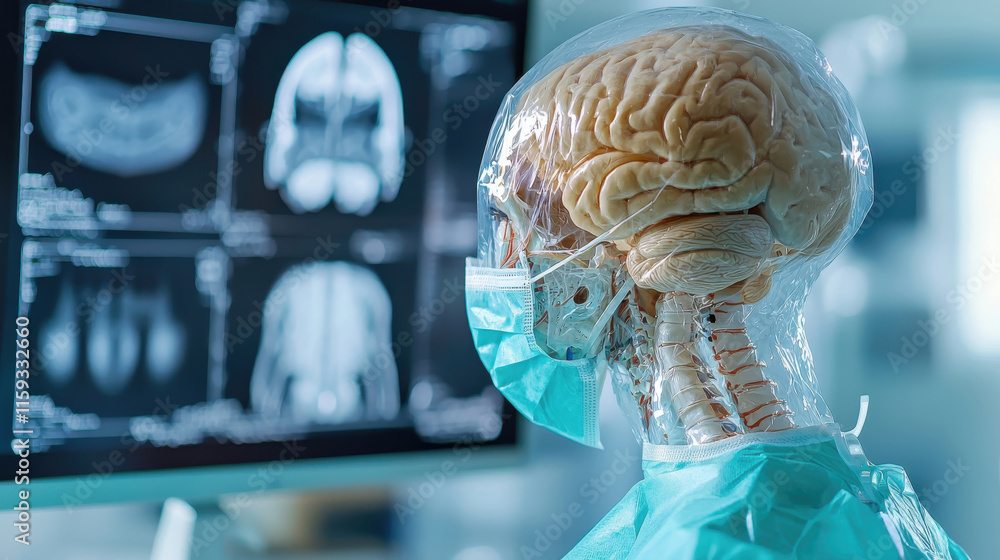 Poster holographic patient consultation is enabled by advanced medical technology, featuring cybersecurity 
