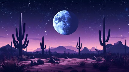 Desert Night Scene Underneath A Giant Moon