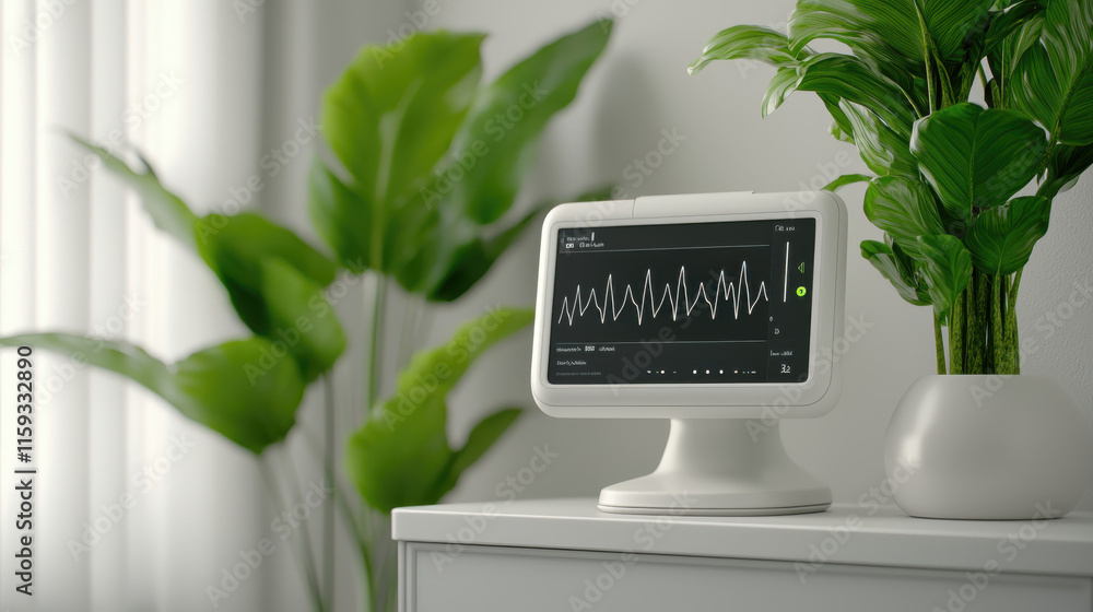 Poster modern remote patient monitoring station with digital medical display showing data visualization, se