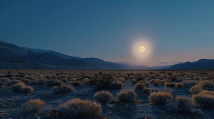 Night scene with a full moon rising over desert hills. A serene and peaceful natural landscape.