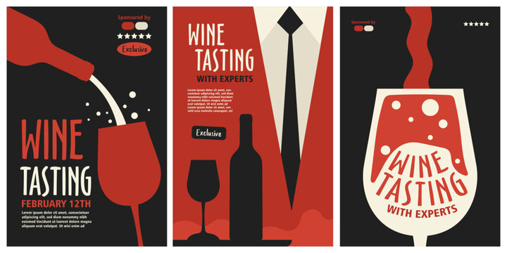 Wine Tasting event poster set. Cinematic abstract aesthetics with glass and wine bottles. Modern and vintage typography, red and black color
