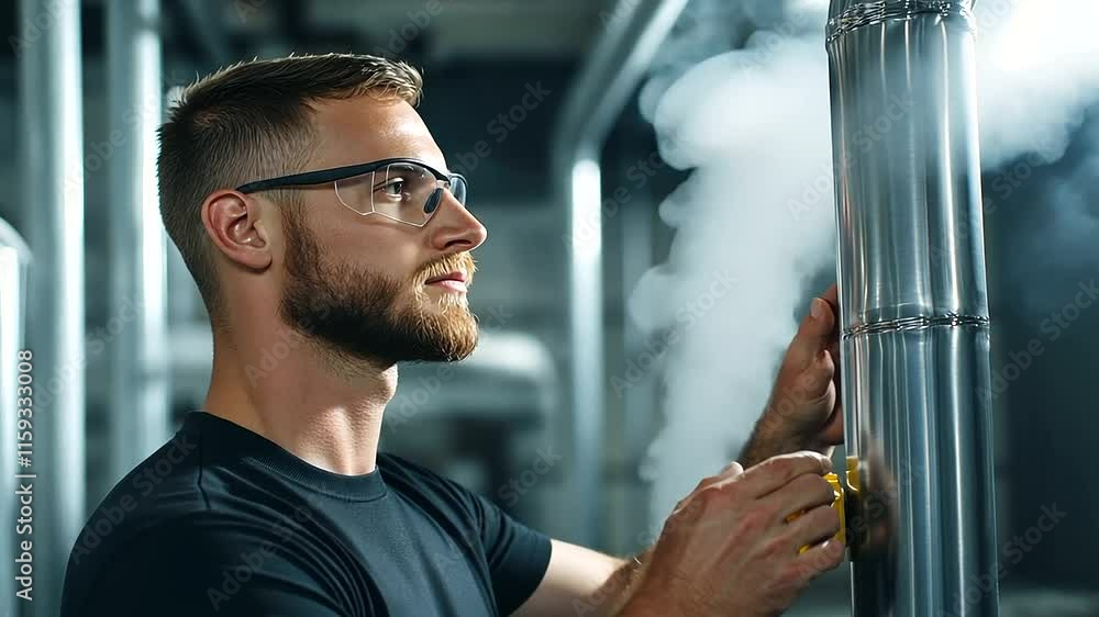 Poster a side view of a plumber inspecting a newly installed boiler system, steam rising slightly from pipe