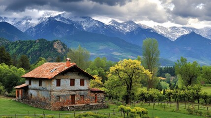 Fototapeta premium Panoramic Countryside with Mountain Backdrop
