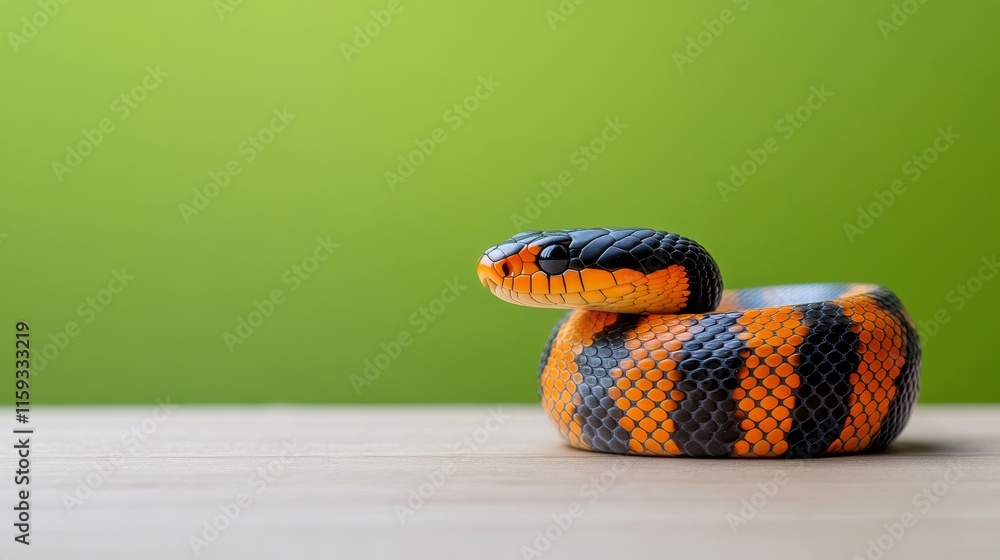 Poster captivating close-up of a colorful snake with orange and black patterns slithering on wooden surface