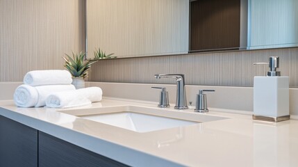 Fototapeta premium Elegant minimalist guest bathroom with minimal fixtures. Featuring a clean, open design with contemporary lines