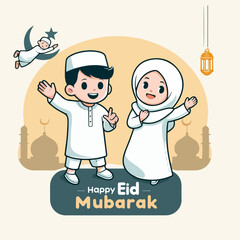 Boy and girl celebrating Eid Mubarak, suitable for festive greeting cards, social media posts, cultural and religious websites, educational materials.