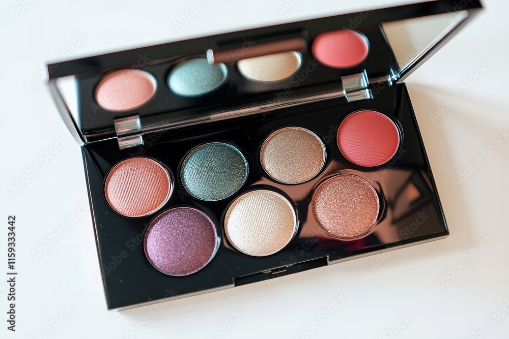 Poster shimmering eyeshadow palette with array of bold metallic shades displayed open on white background