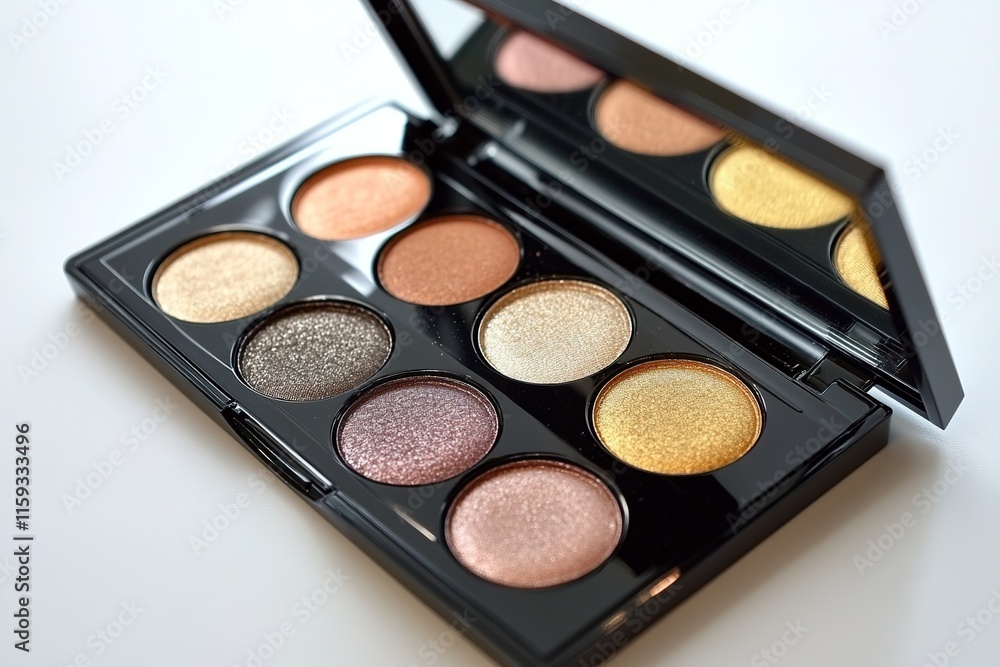 Poster shimmering eyeshadow palette with array of bold metallic shades displayed open on white background