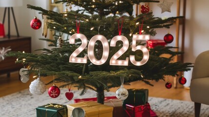 Festive lighted "2025" ornament beautifully hanging on a decorated Christmas tree, symbolizing the joy of the holiday season and the arrival of the New Year