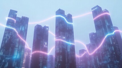 A digital city scene with towering skyscrapers connected by glowing data streams that curve and flow across the skyline. 