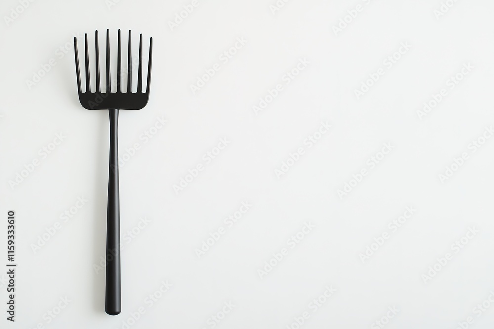 Poster small garden hand rake centered on white background with plenty of empty space on both sides for tex