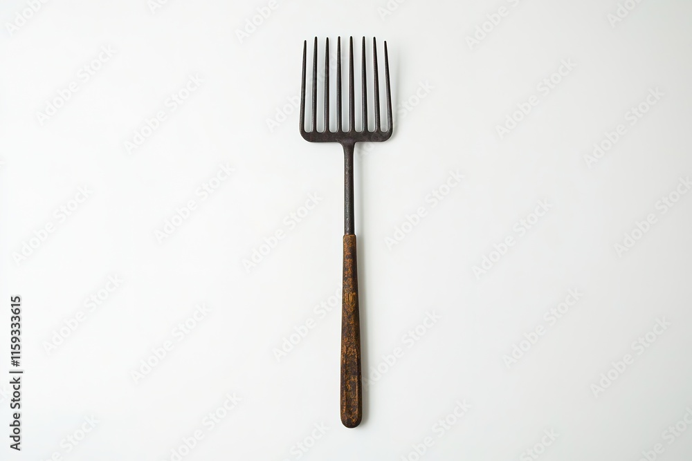 Poster small garden hand rake centered on white background with plenty of empty space on both sides for tex