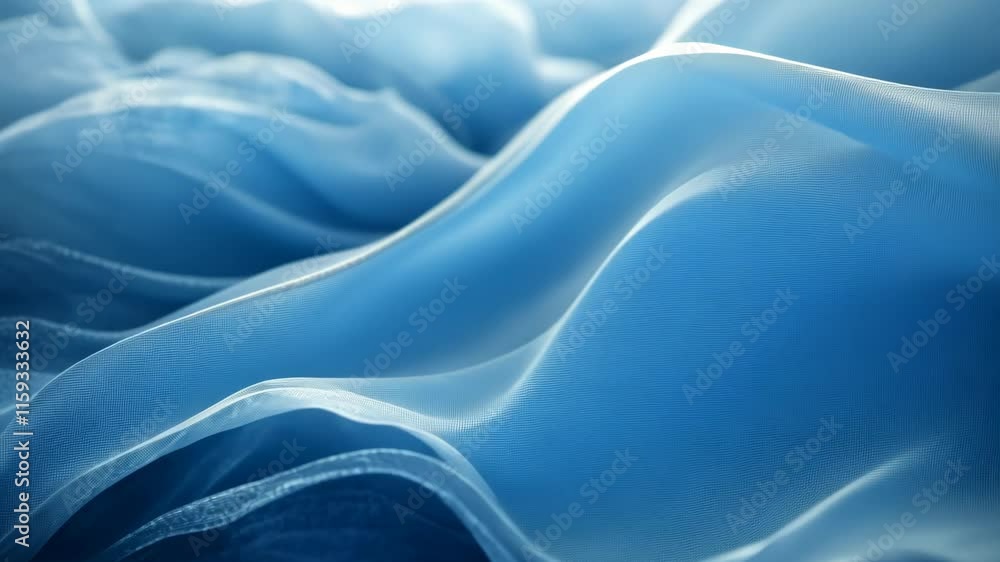 Poster fluid shapes create a serene and calming atmosphere with soft blue hues in a tranquil setting