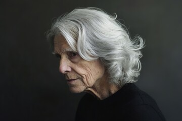 portrait of elderly person with silver hair styled in soft waves under warm studio lighting