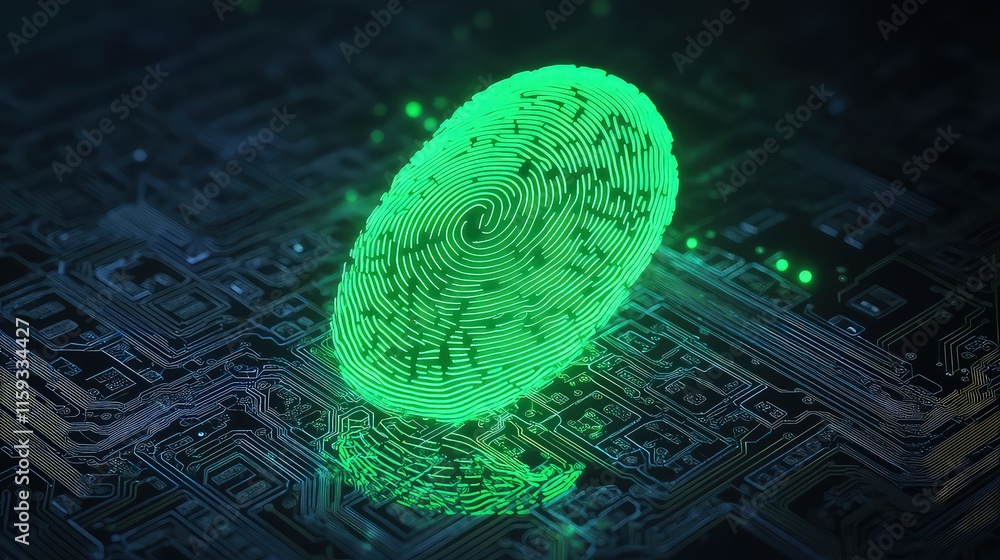 Poster a digital 3d fingerprint in neon green floating over a dark, circuit board background. the fingerpri