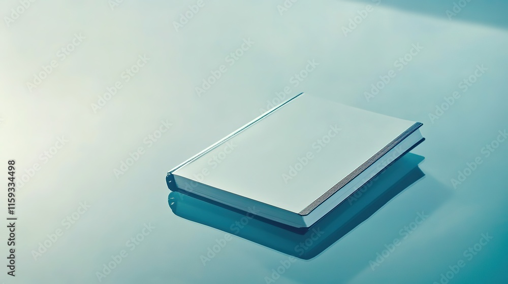 Poster clean flat lay of password-protected notebook lying on smooth reflective surface under bright light