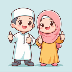 Muslim boy and girl happily giving thumbs up, expressing joy and approval in a diverse and inclusive setting. Suitable for cultural and educational projects.