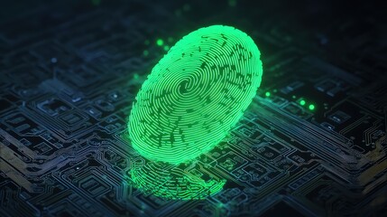 A digital 3D fingerprint in neon green floating over a dark, circuit board background. The fingerprint glows brightly, emphasizing a tech-forward, security-oriented theme.