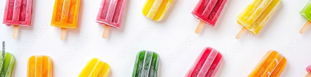 Poster dynamic arrangement of colorful popsicles neatly placed on white background under soft directional l