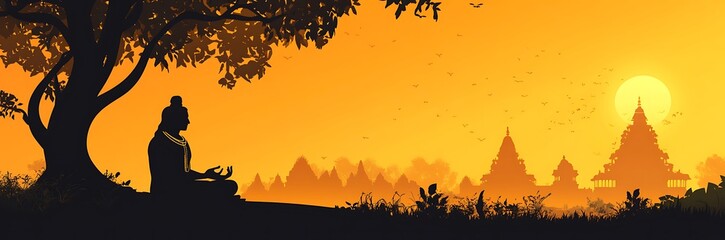 Silhouette of Lord Shiva sitting under a tree, with a temple in the background, maha shivratri background