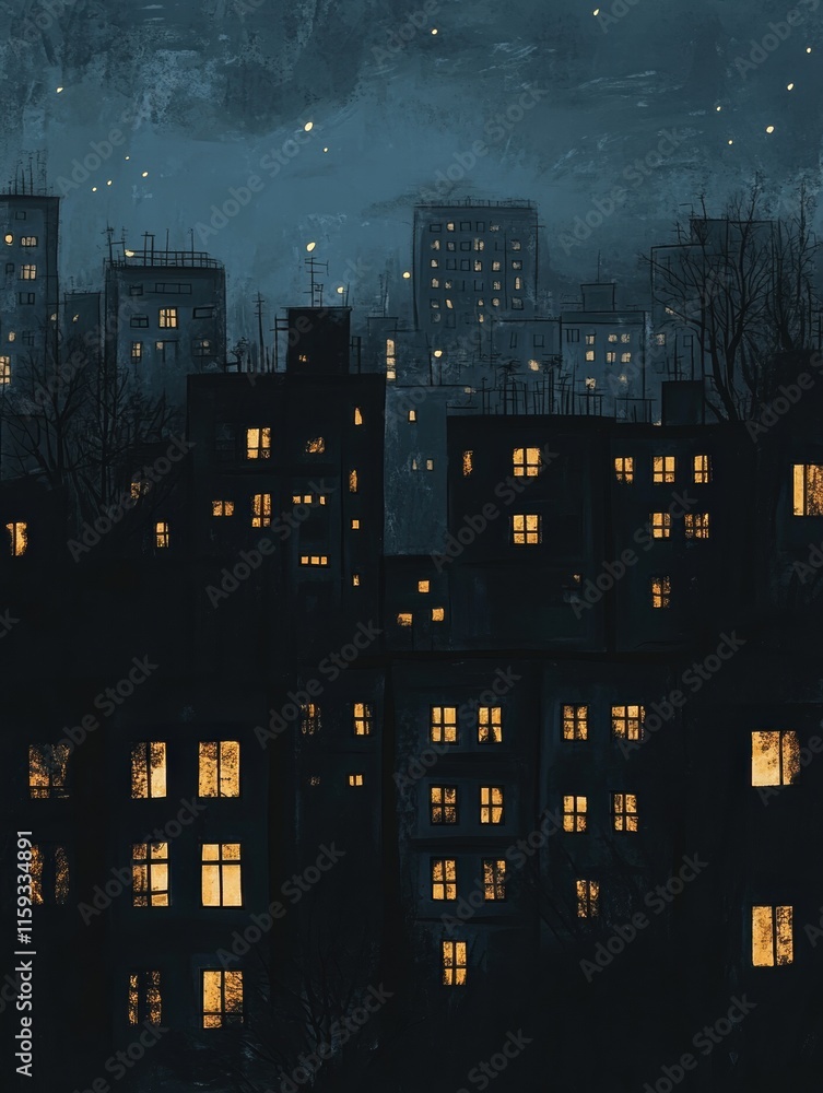 Poster dark cityscape at night with illuminated windows revealing life within buildings. generative ai