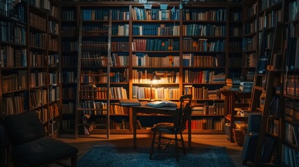 Obraz premium Cozy library with lit desk, books, chair, ladder, rug.