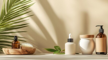 Natural skincare products on a wooden tray with palm leaves