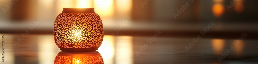 Poster glowing lantern with intricate patterns placed on smooth reflective surface under soft light
