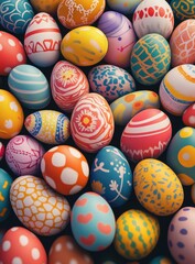 Obraz premium Colorful Easter Eggs with Intricate Patterns and Designs in a Vibrant Arrangement Perfect for Celebrating Spring Festivals, Crafts, and Family Gatherings