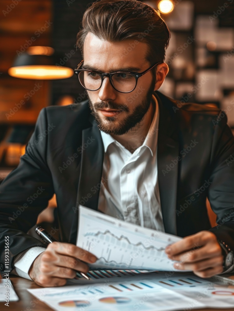 Aufkleber man in a suit is reading a piece of paper with graphs on it. he is wearing glasses and he is focused