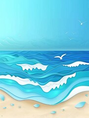 Fototapeta premium Digital illustration of a peaceful beach scene with waves and seagulls.