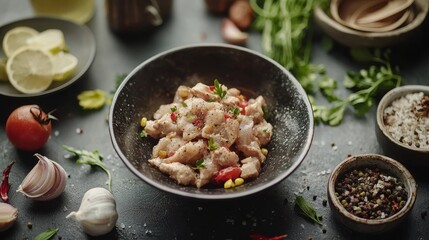 Delicious Chicken Salad Preparation Modern Kitchen Food Photography Cozy Environment Overhead View Culinary Concept for Home Chefs