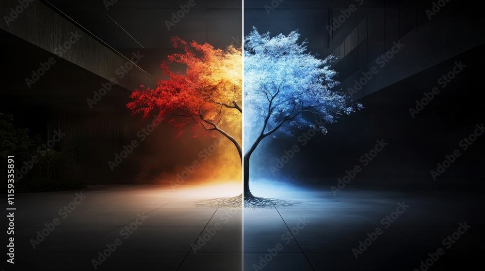 Poster a stunning split-color tree displaying the contrast of seasons, featuring fiery autumn tones on one 