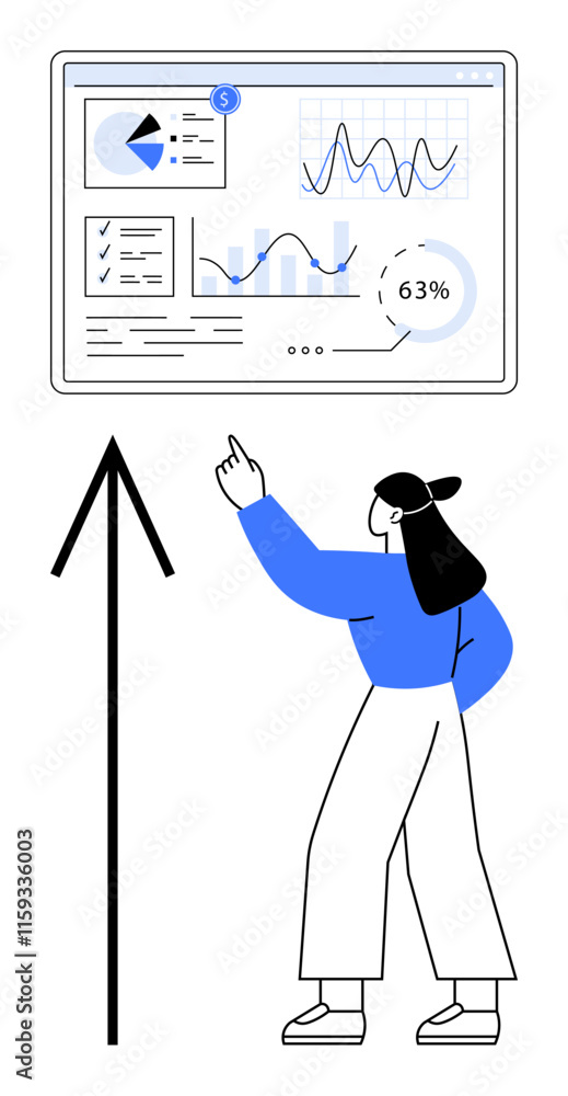 Poster woman reviewing data visualizations on a large screen with charts, graphs, and reports. ideal for bu