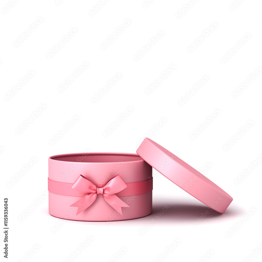 Poster blank pink pastel color round present box open with pink ribbon bow or opening cylinder gift box pro