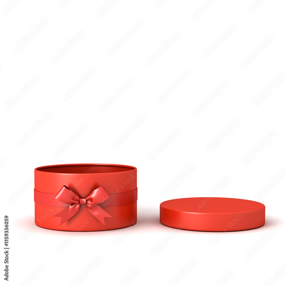 Leinwandbilder Blank red round present box open with red ribbon and bow or opening blank cylinder gift box product display mockup isolated on white background with shadow creative idea concepts 3D rendering