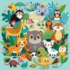 Cute Cartoon Animals: Diverse Wildlife Illustrations