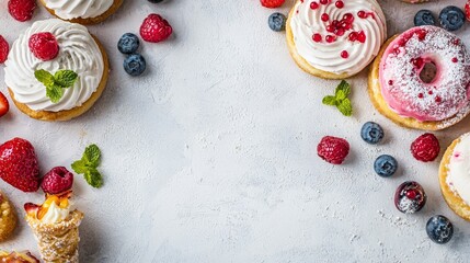 Delicious Dessert Spread with Cakes and Berries Gourmet Kitchen Food Photography Bright and Inviting Top-Down View Sweet Indulgence