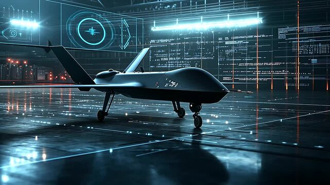 A dramatic display of a war drone prototype with its tactical features highlighted on digital panels, set against an industrial backdrop
