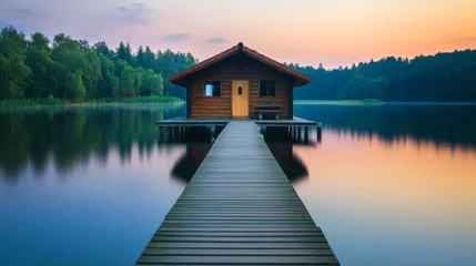 Serene Lakeside Cabin at Dawn with Soft Light Effects